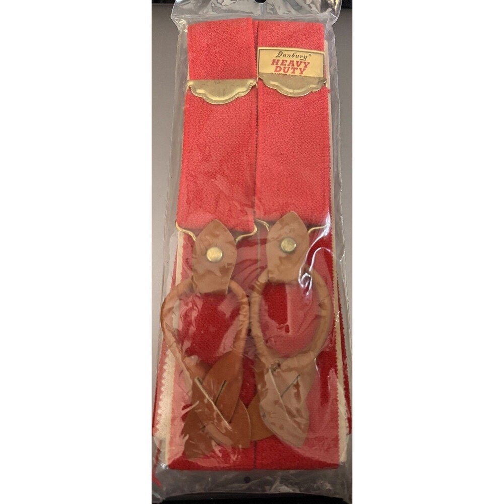 Vintage Danbury Extra Long Red Work Braces Leather Button Loop NOS